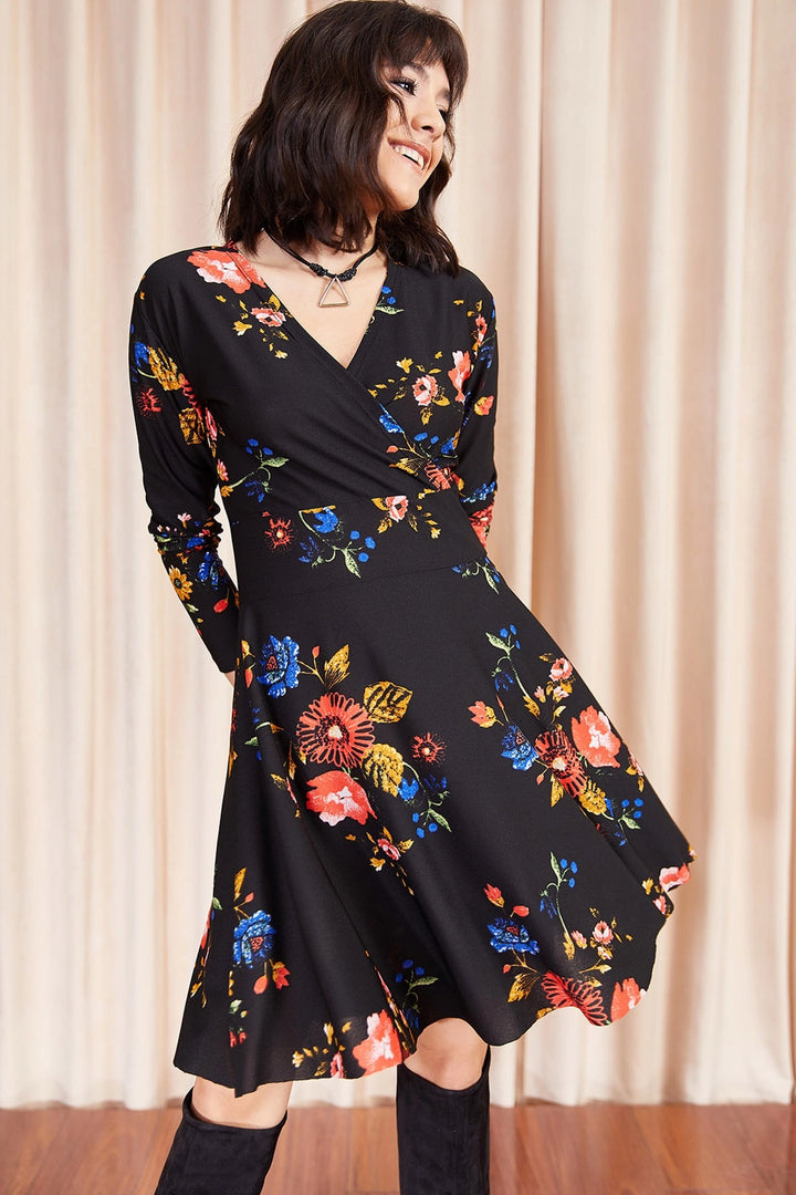 Black Wrap Neck Patterned Dress BCBSK-25700-K4777 - Hoover