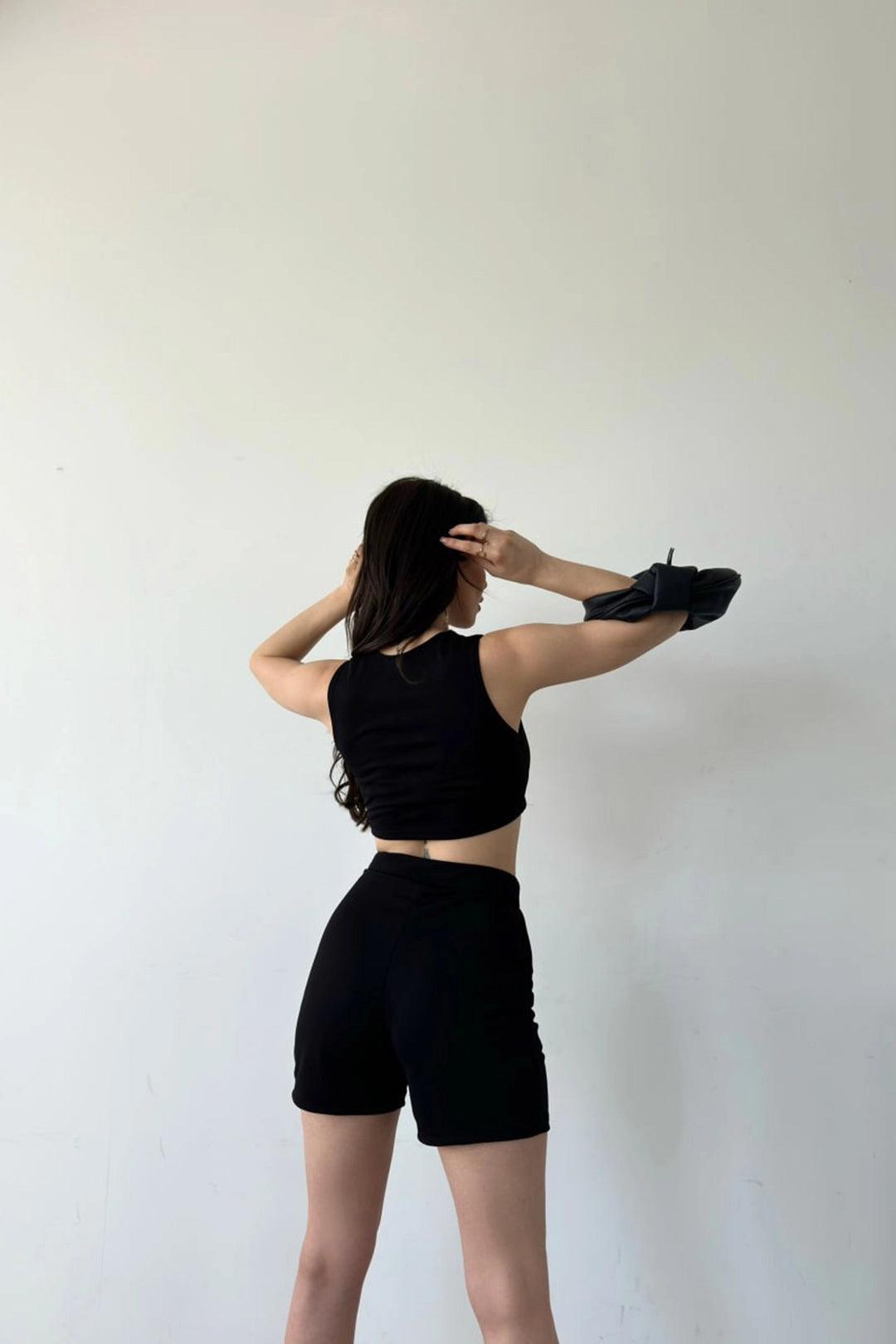 Black Wrap Neck Button Detailed Crop Vest and Shorts Set BCDF-241076 - Vaciamadrid