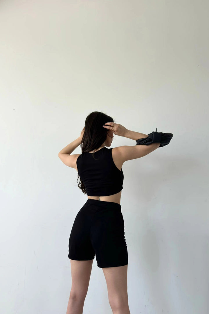 Black Wrap Neck Button Detailed Crop Vest and Shorts Set BCDF-241076 - Vaciamadrid
