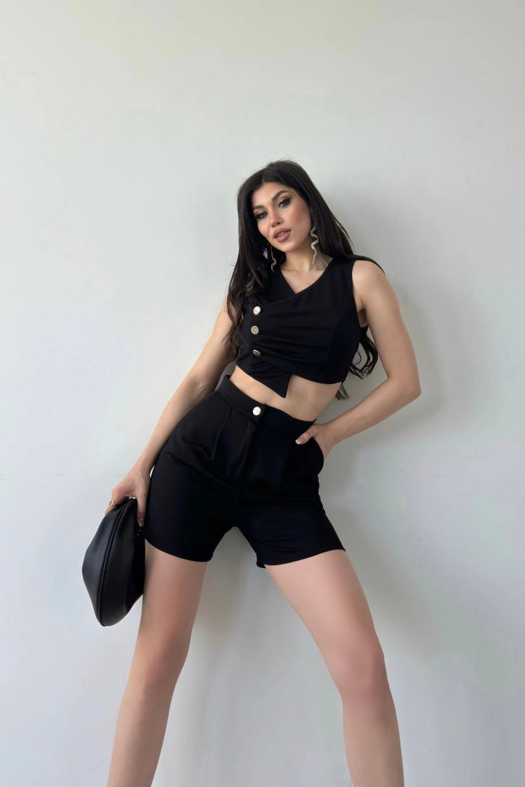 Black Wrap Neck Button Detailed Crop Vest and Shorts Set BCDF-241076 - Vaciamadrid