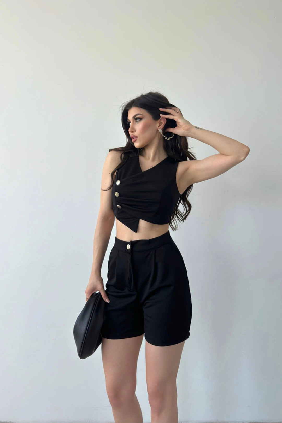 Black Wrap Neck Button Detailed Crop Vest and Shorts Set BCDF-241076 - Vaciamadrid