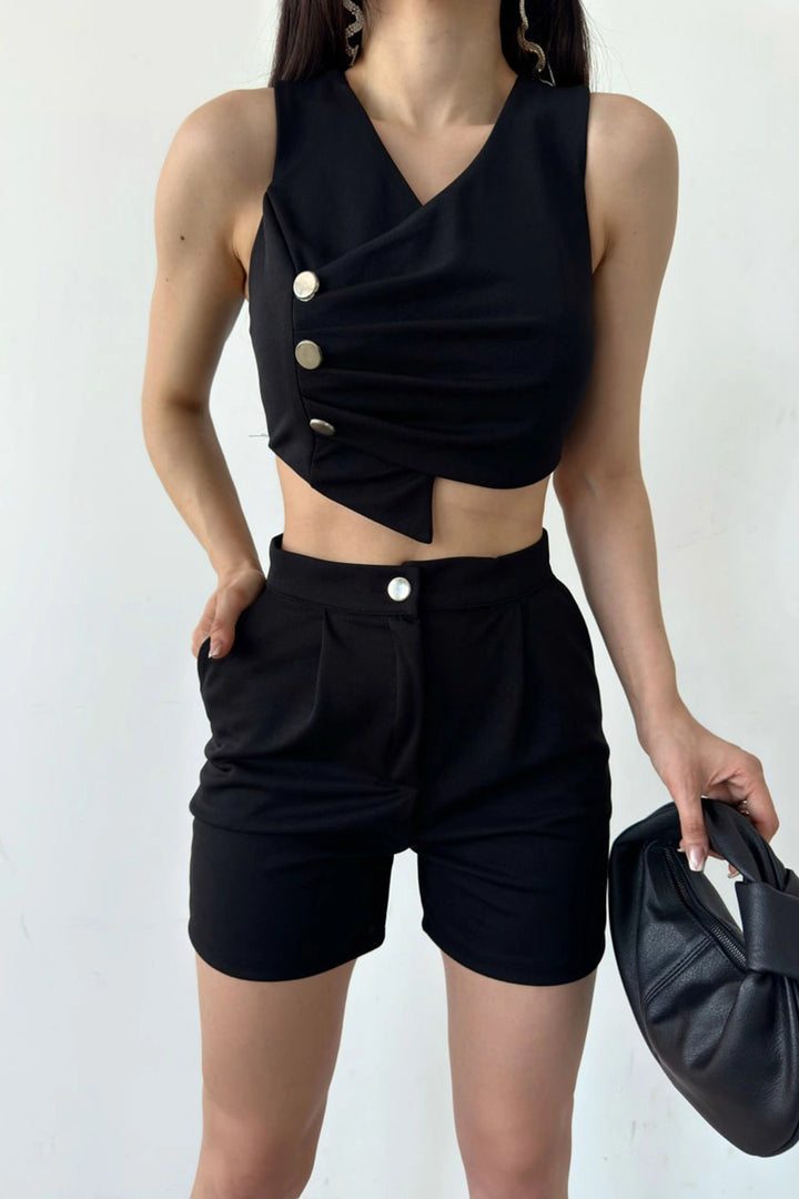 Black Wrap Neck Button Detailed Crop Vest and Shorts Set BCDF-241076 - Vaciamadrid