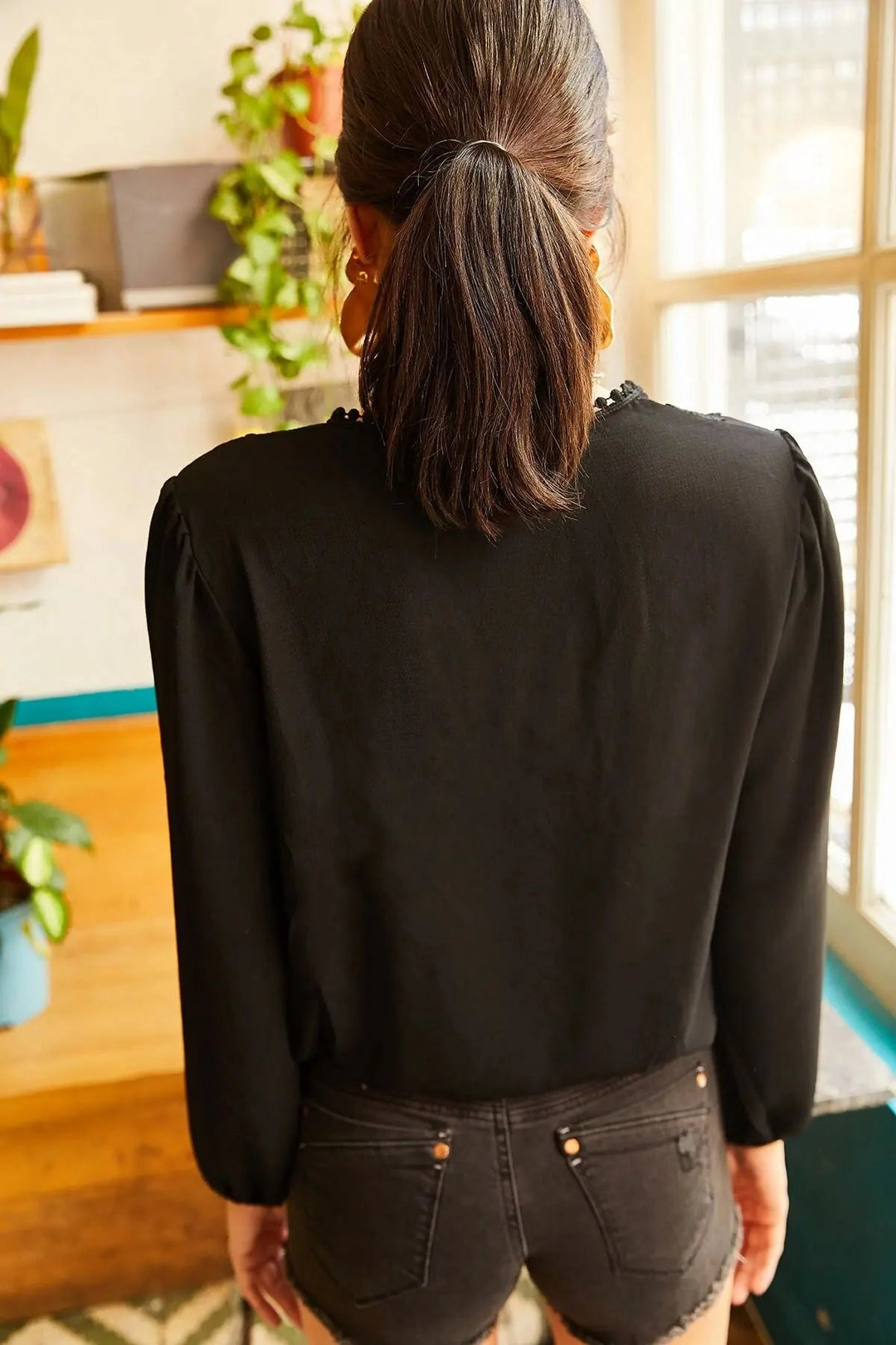 Black Wrap Neck Guipure Embroidered Long Sleeve Summer Blouse BCBSK-25700-K5536 - Vich