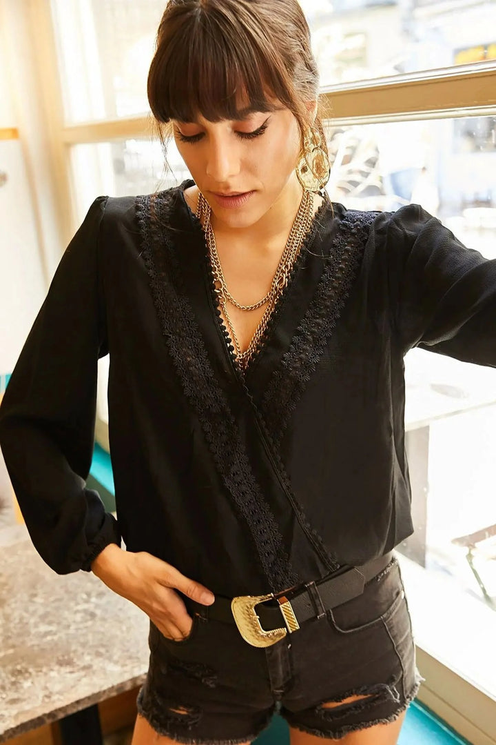 Black Wrap Neck Guipure Embroidered Long Sleeve Summer Blouse BCBSK-25700-K5536 - Vich