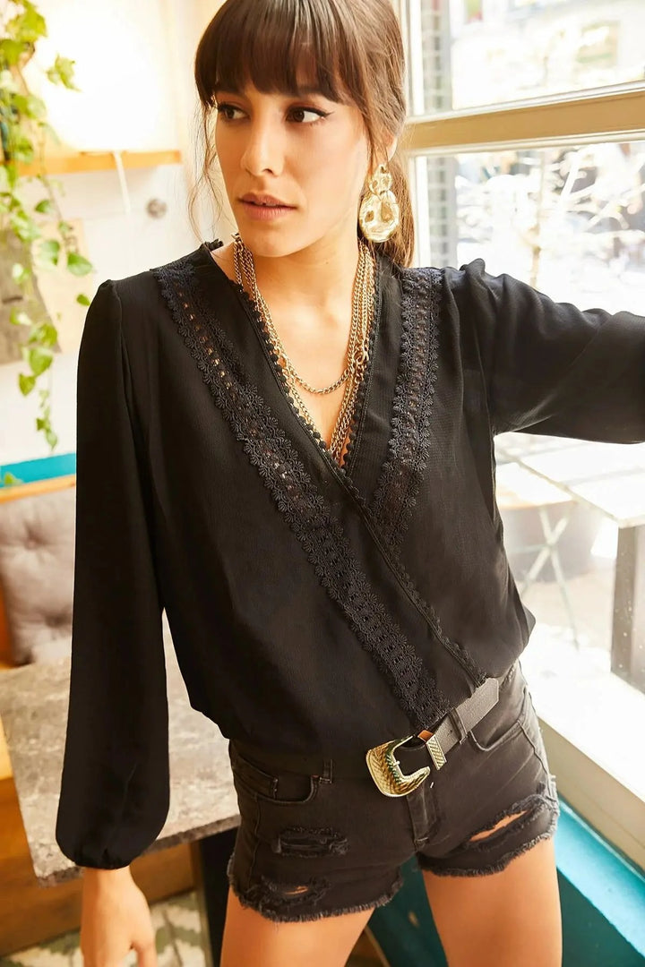 Black Wrap Neck Guipure Embroidered Long Sleeve Summer Blouse BCBSK-25700-K5536 - Vich