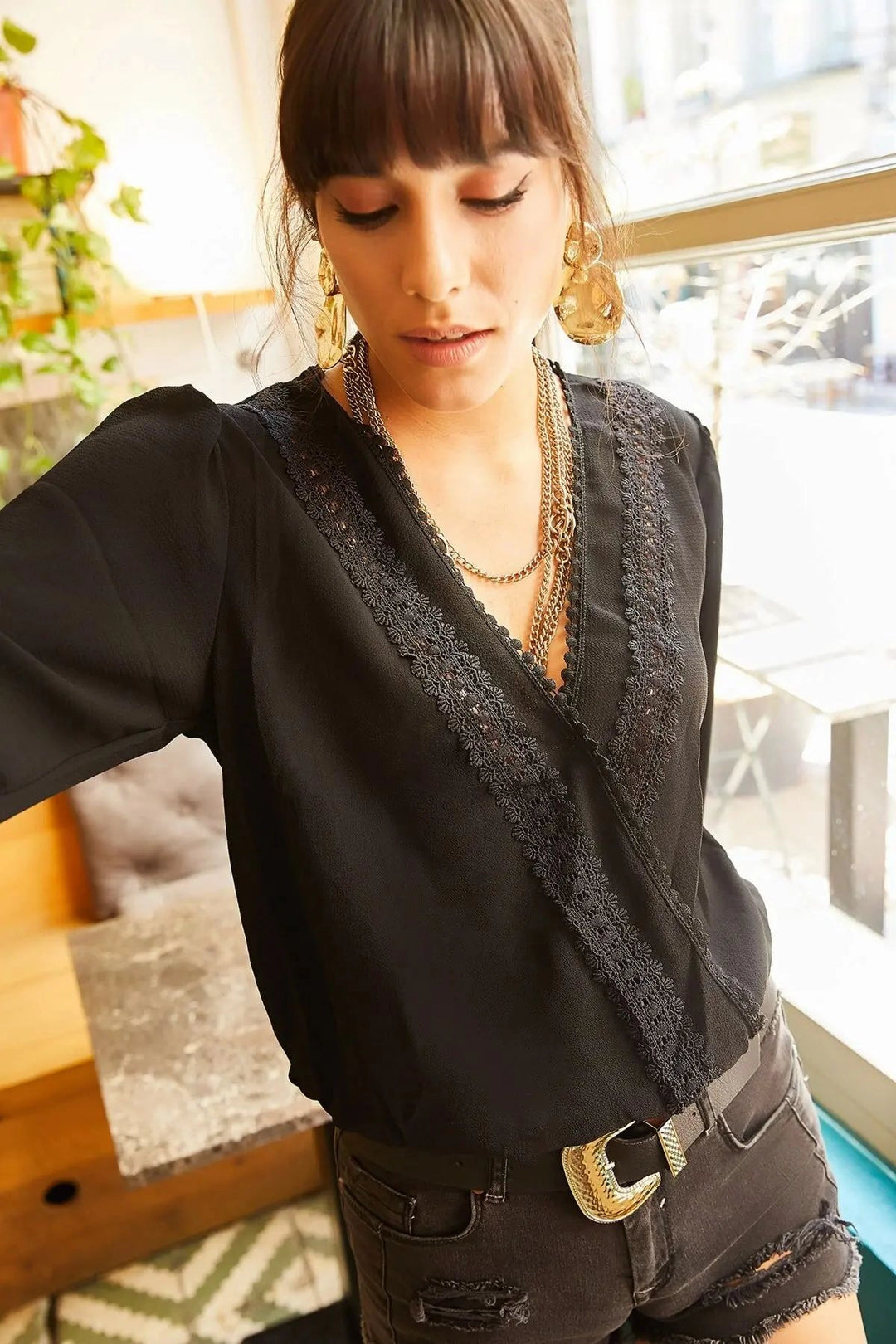 Black Wrap Neck Guipure Embroidered Long Sleeve Summer Blouse BCBSK-25700-K5536 - Vich