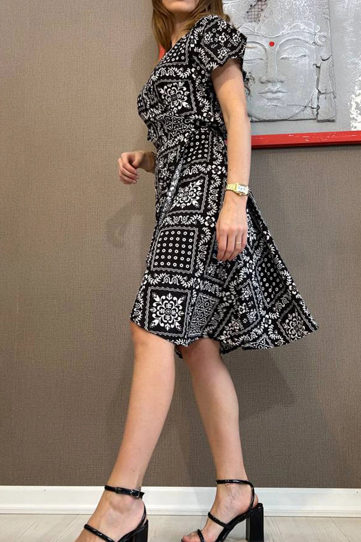Black Wrap Neck Side Tied Patterned Woven Dress BC241088 - Velbert