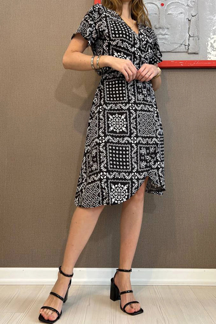 Black Wrap Neck Side Tied Patterned Woven Dress BC241088 - Velbert