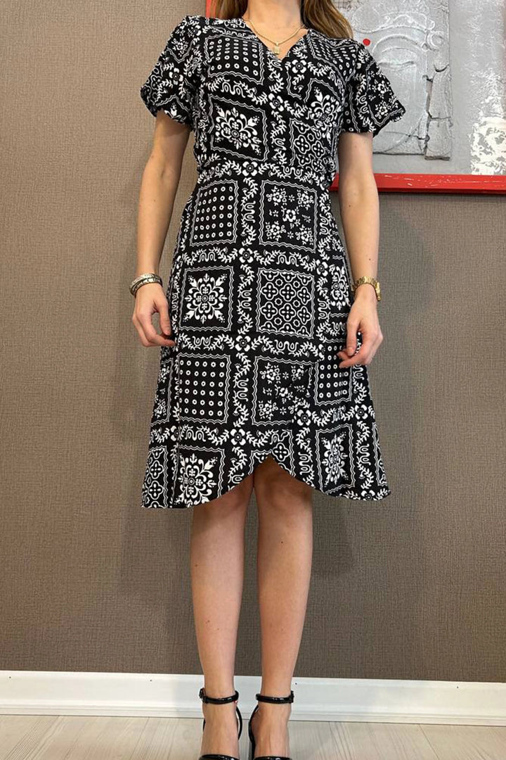 Black Wrap Neck Side Tied Patterned Woven Dress BC241088 - Velbert