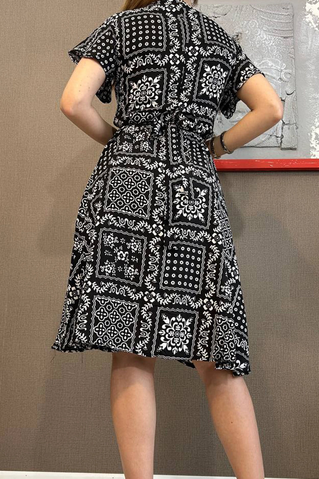 Black Wrap Neck Side Tied Patterned Woven Dress BC241088 - Velbert