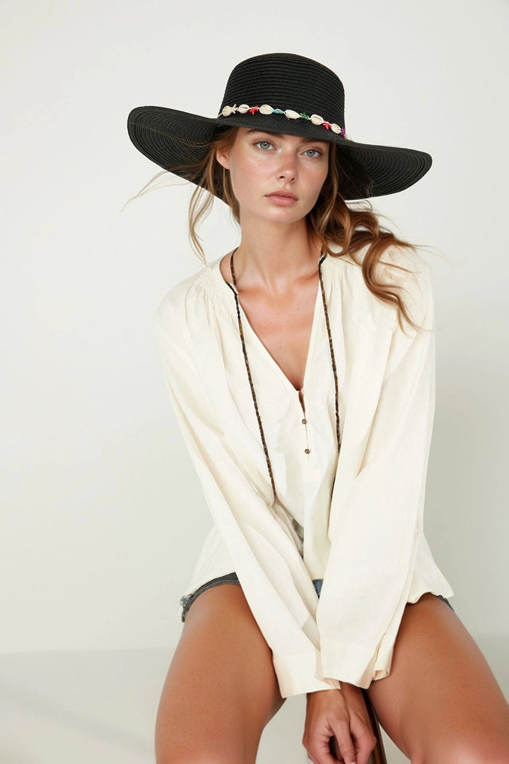 Black Ribbon Detailed Seashell Striped Wide Straw Hat BCNSV-2514232-26 - Macuspana