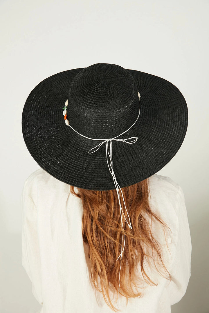 Black Ribbon Detailed Seashell Striped Wide Straw Hat BCNSV-2514232-26 - Macuspana