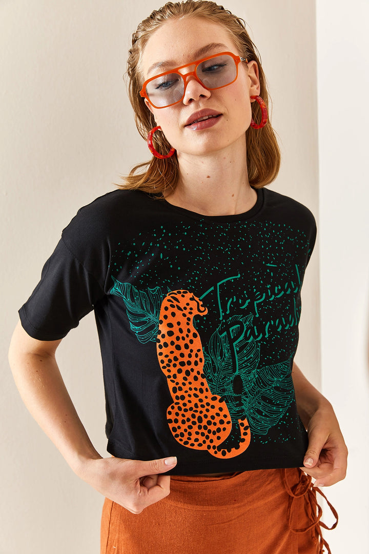 Black Leopard Patterned Crop Printed Cotton T-Shirt BC241117 - Ocozocoautla de Espinosa