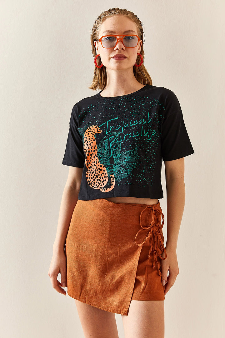 Black Leopard Patterned Crop Printed Cotton T-Shirt BC241117 - Ocozocoautla de Espinosa