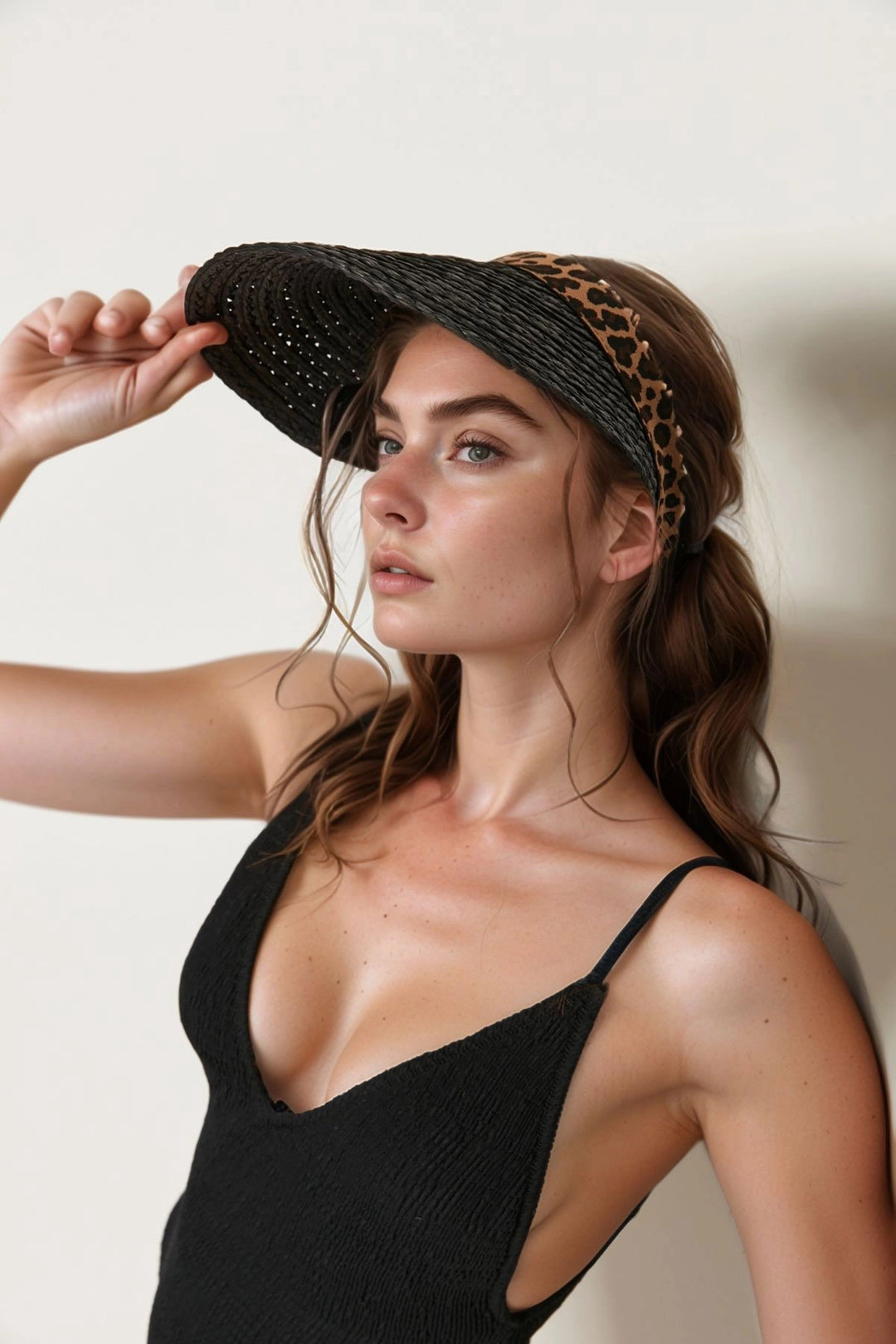 Black Leopard Striped Straw Visor Hat BCNSV-2514401 - East Honolulu