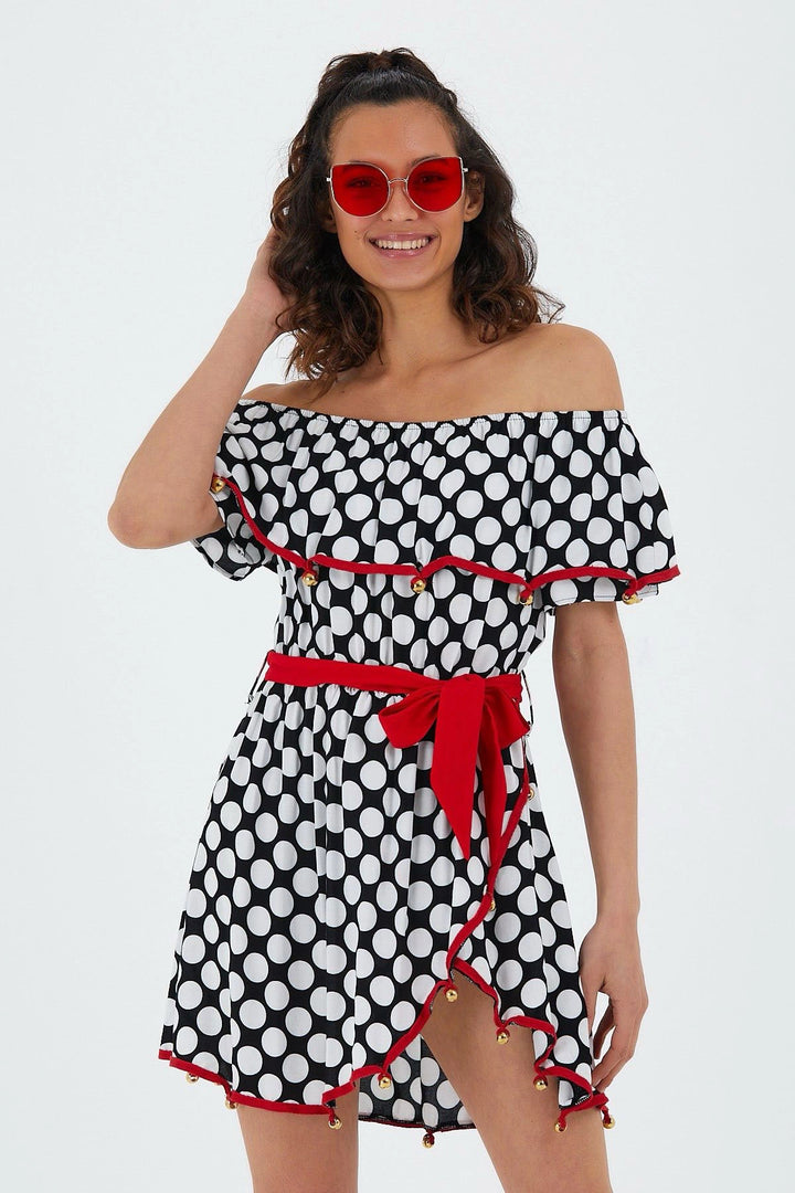 Black Madonna Collar Patterned Ruffled Woven Dress BCVL-251000ELB - Viana do Castelo