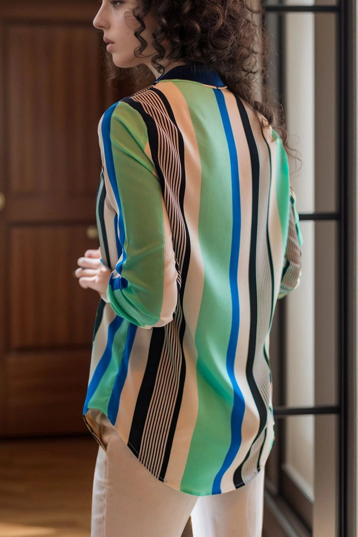 Black Blue Collar Slit Striped Crepe Blouse BCBSK-25700-2752 - Los Reyes de Salgado