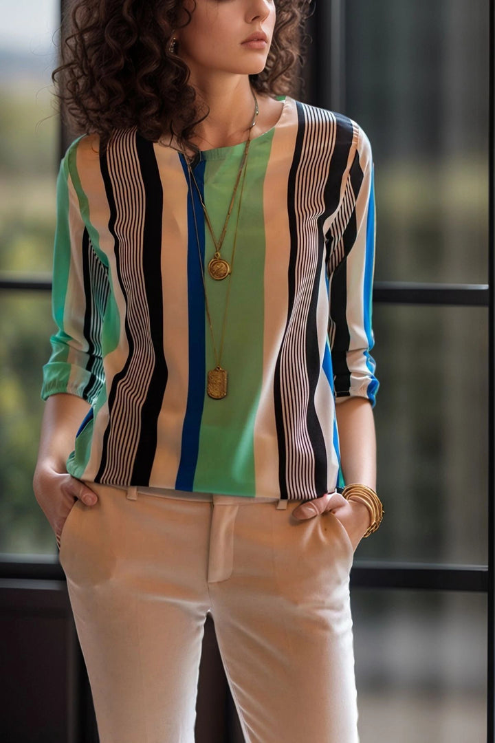 Black Blue Collar Slit Striped Crepe Blouse BCBSK-25700-2752 - Los Reyes de Salgado