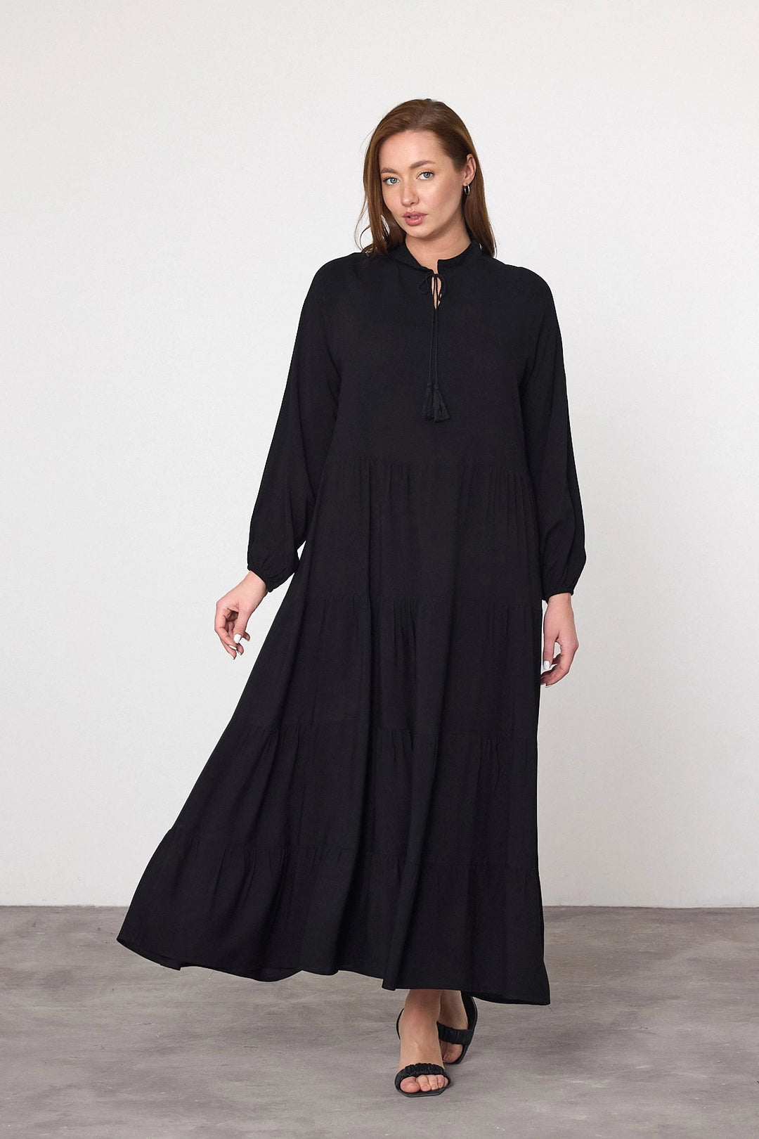 Maxi Boy Black Layered Ruffled Woven Viscose Dress BCVL-25V032 - Troisdorf