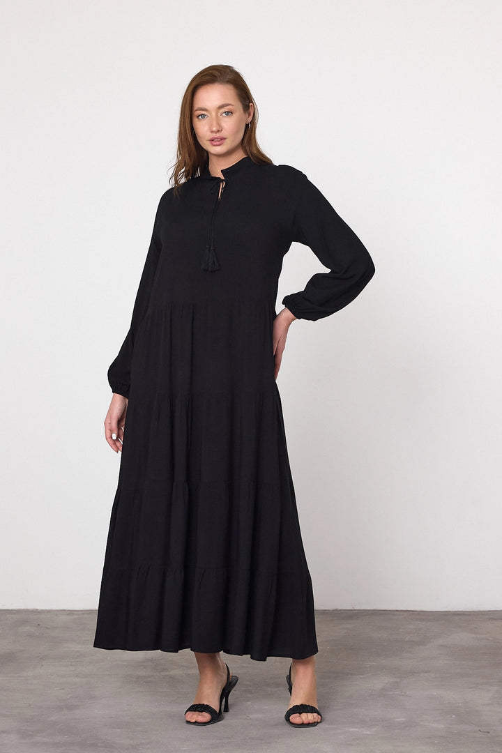 Maxi Boy Black Layered Ruffled Woven Viscose Dress BCVL-25V032 - Troisdorf