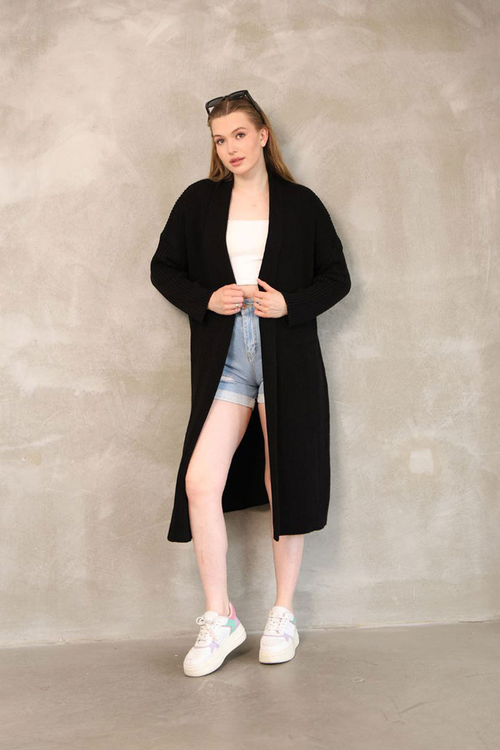 Black Maxi Size Knit Cardigan BCES-252037 - Pforzheim