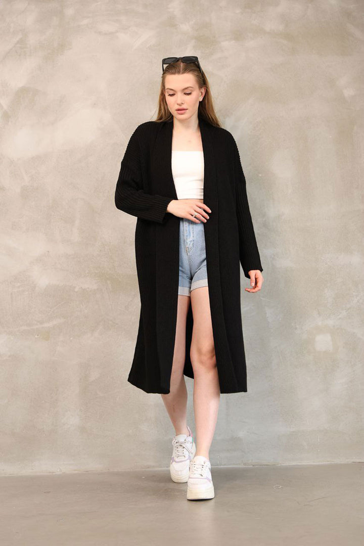 Black Maxi Size Knit Cardigan BCES-252037 - Pforzheim