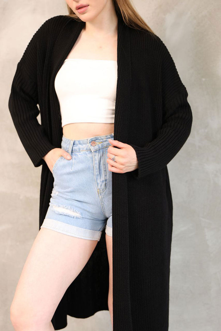 Black Maxi Size Knit Cardigan BCES-252037 - Pforzheim