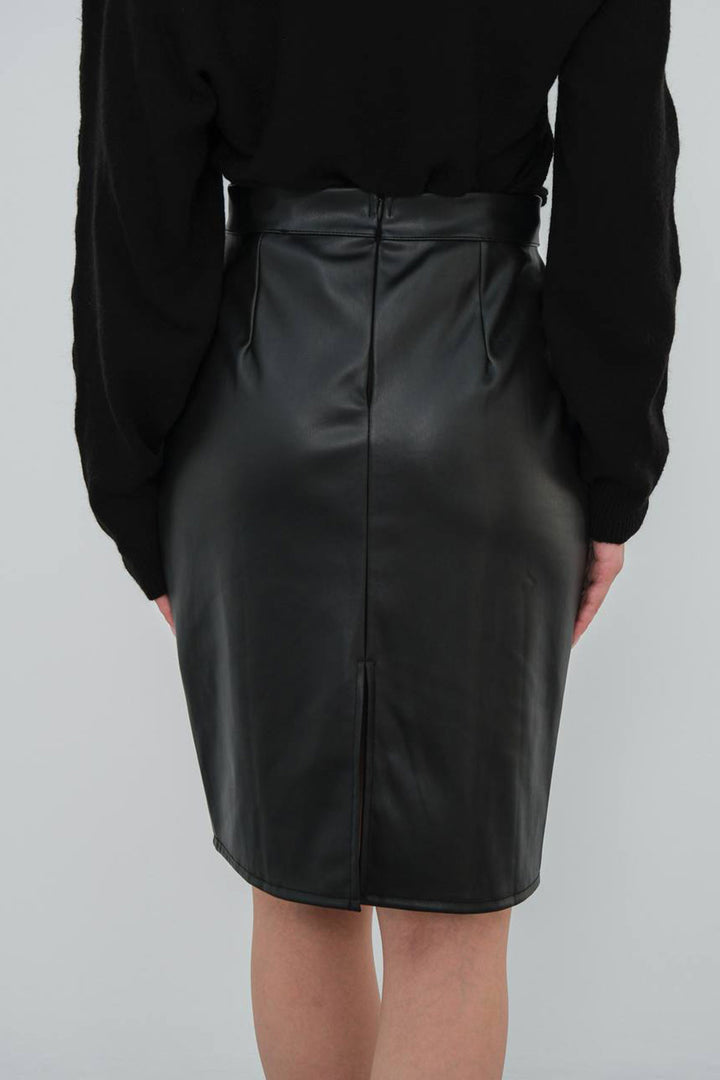 Black Midi Faux Leather Pencil Skirt BCHN-2526780 - Rowlett