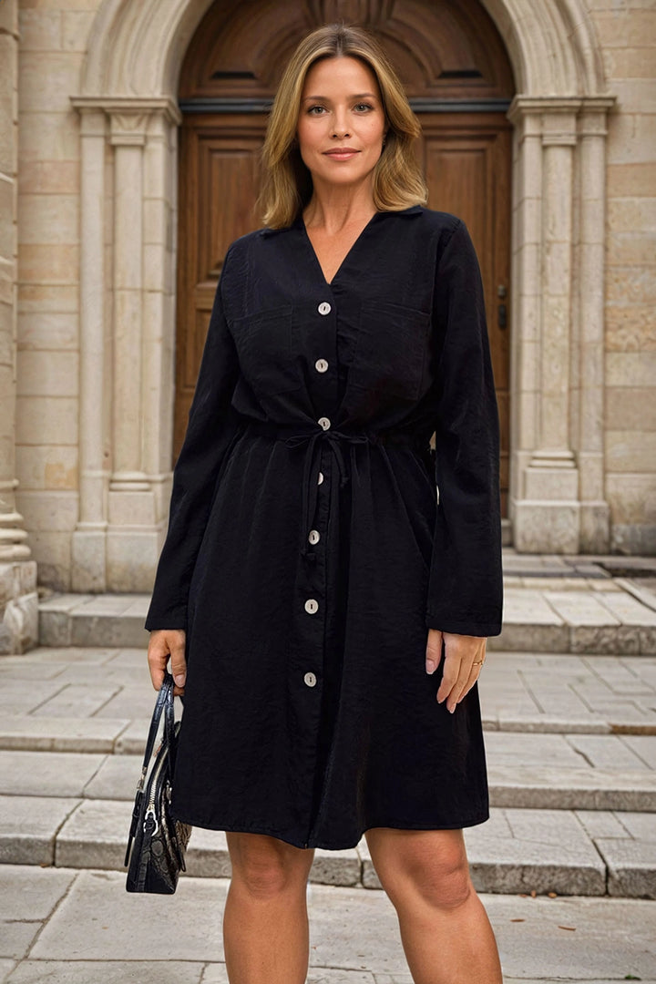 Black Modal Belted Pocketed Buttoned Loose Dress BCBSK-25700-3411 - Brea