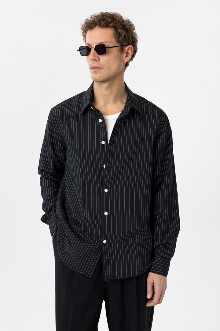 ANT Antioch Black Modal Fabric Relax Fit Striped Men's Shirt - Salinas Victoria