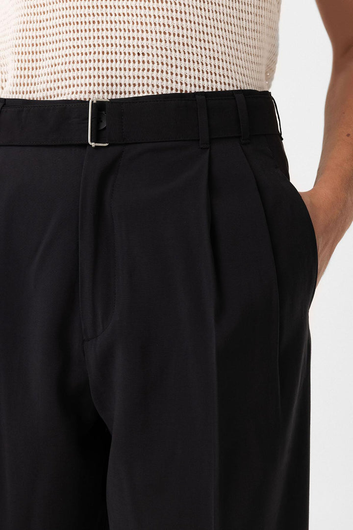 ANT Antioch Siyah Modal Kumaş Relax Fit Kemerli Erkek Pantolon - Marina di Carrara