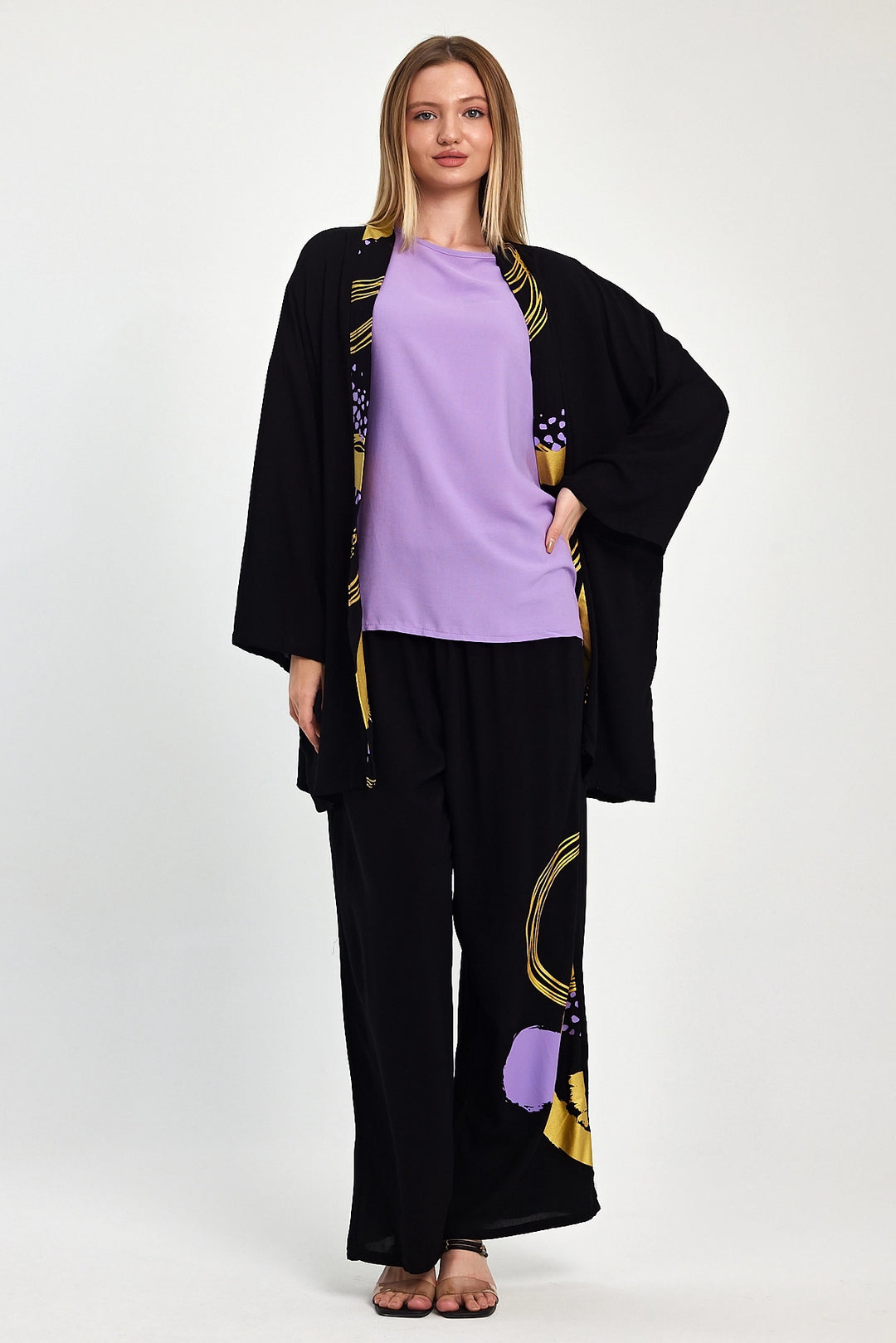 Maxi Boy Black Purple Printed Kimono and Pants Woven Viscon Top Bottom Set BCVL-251084 - Cape Girardeau