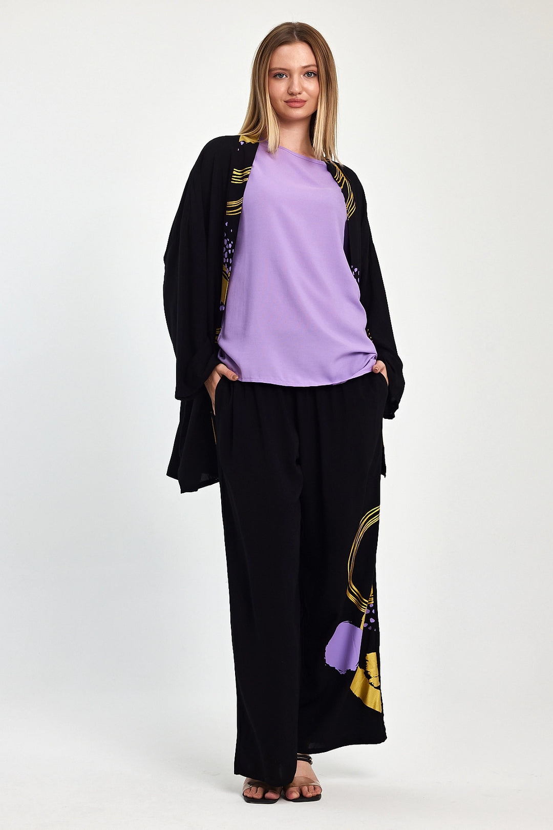 Maxi Boy Black Purple Printed Kimono and Pants Woven Viscon Top Bottom Set BCVL-251084 - Cape Girardeau