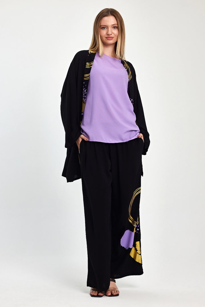 Maxi Boy Black Purple Printed Kimono and Pants Woven Viscon Top Bottom Set BCVL-251084 - Cape Girardeau