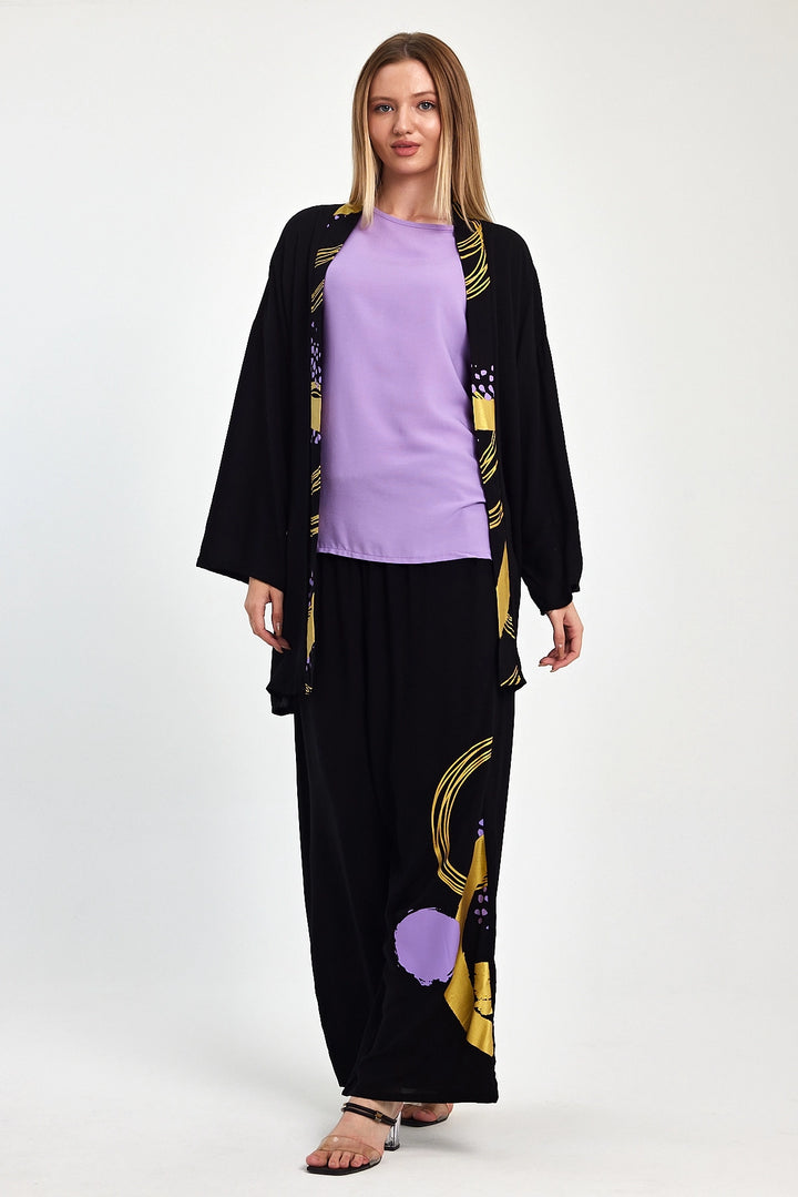 Maxi Boy Black Purple Printed Kimono and Pants Woven Viscon Top Bottom Set BCVL-251084 - Cape Girardeau