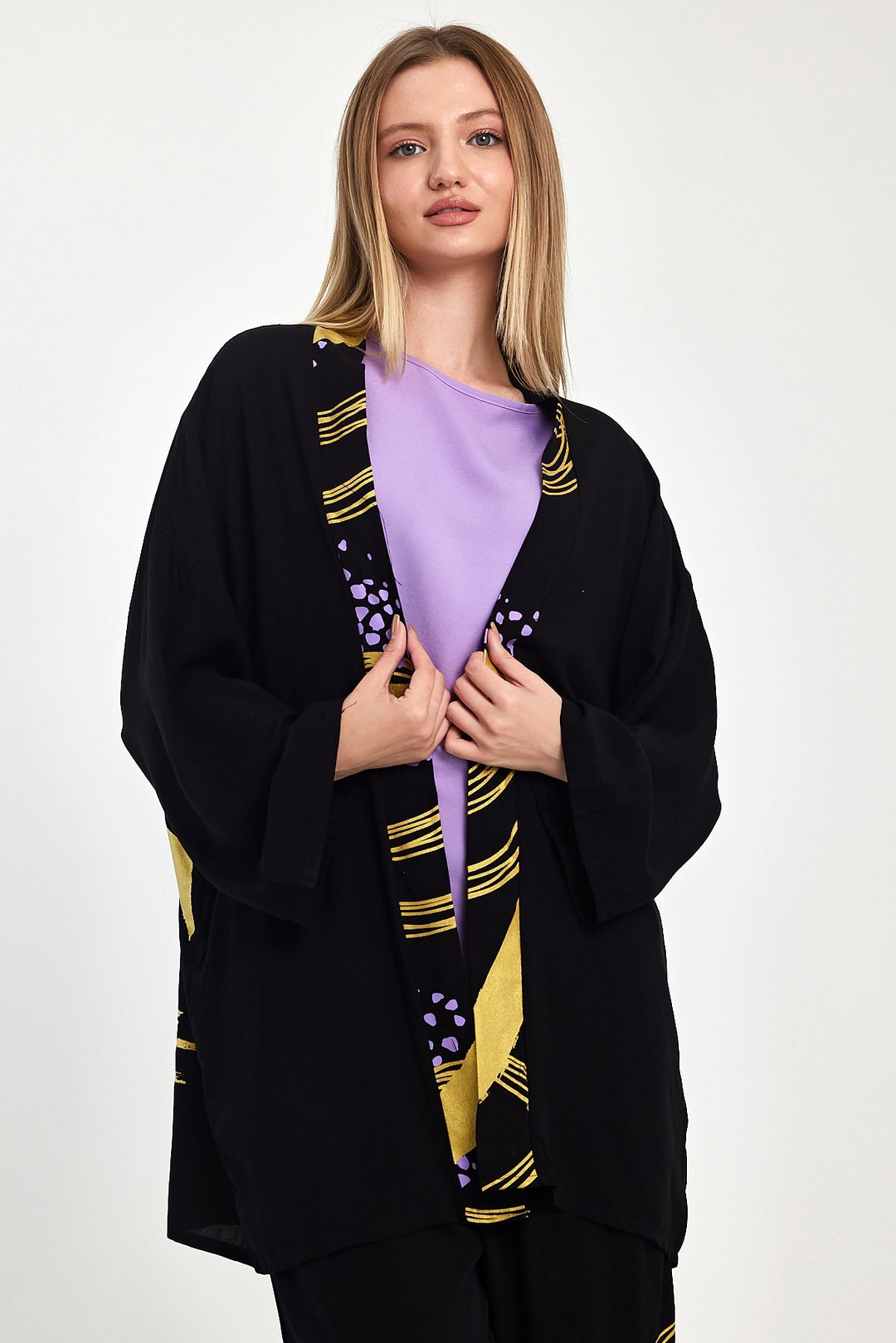 Maxi Boy Black Purple Printed Kimono and Pants Woven Viscon Top Bottom Set BCVL-251084 - Cape Girardeau