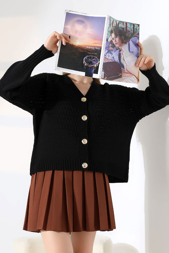 Black Patterned Buttoned Knit Cardigan BCES-252027 - Mableton