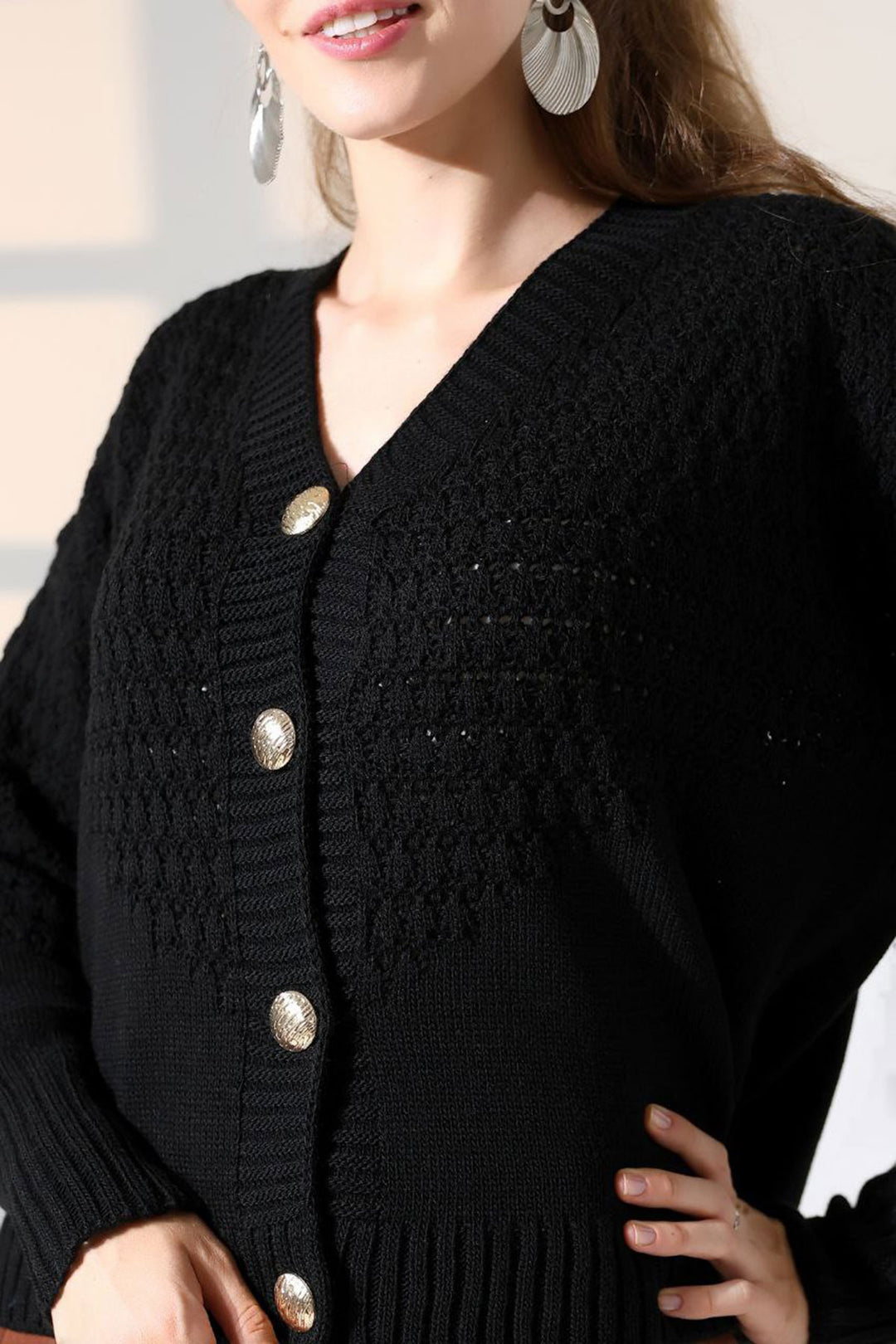 Black Patterned Buttoned Knit Cardigan BCES-252027 - Mableton