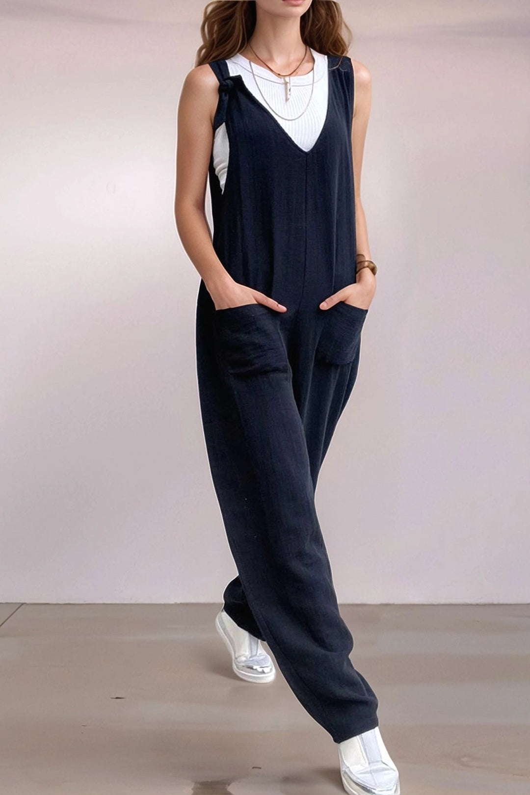 Black Muslin Strappy Pocket Low Mesh Wide Leg Baggy Jumpsuit BCBSK-25700-3613 - Mérida