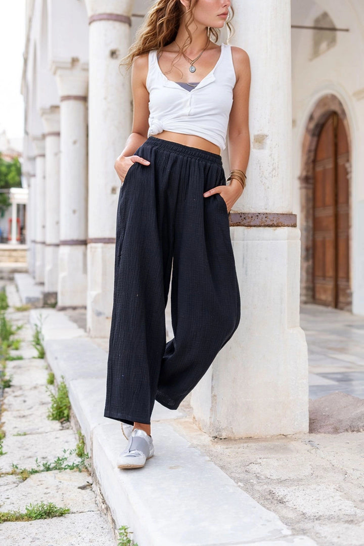 Black Muslin Elastic Waist Loose Fit Pants BCBSK-25700-3416 - Riccione Marina