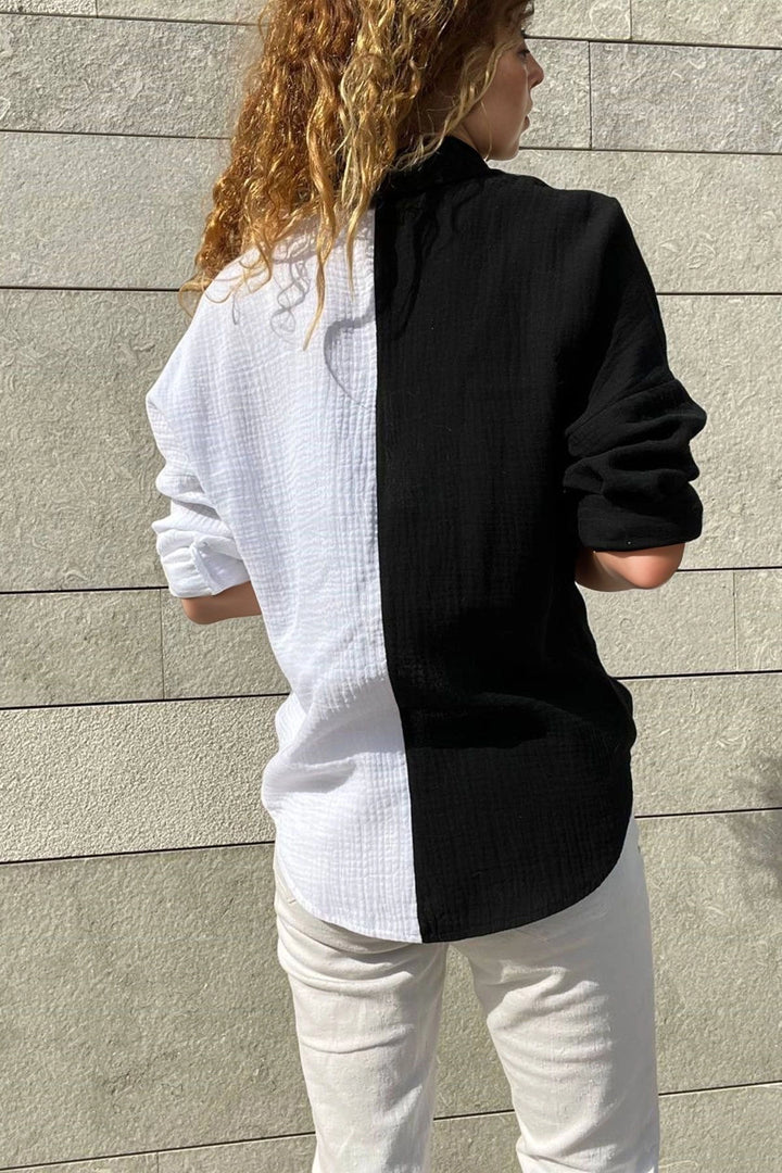 Black Muslin Color Block Loose Shirt BCBSK-25700-3458 - San Francisco