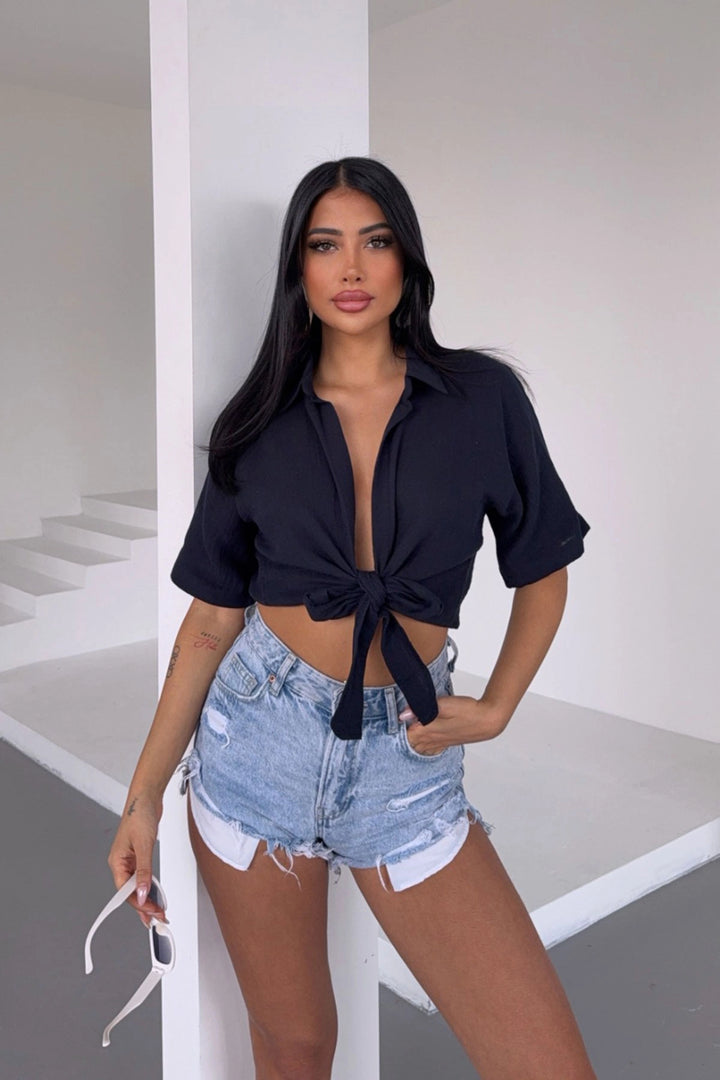 Black Muslin Linen Lace-Up Blouse BCBT-251000 - Atotonilco el Alto