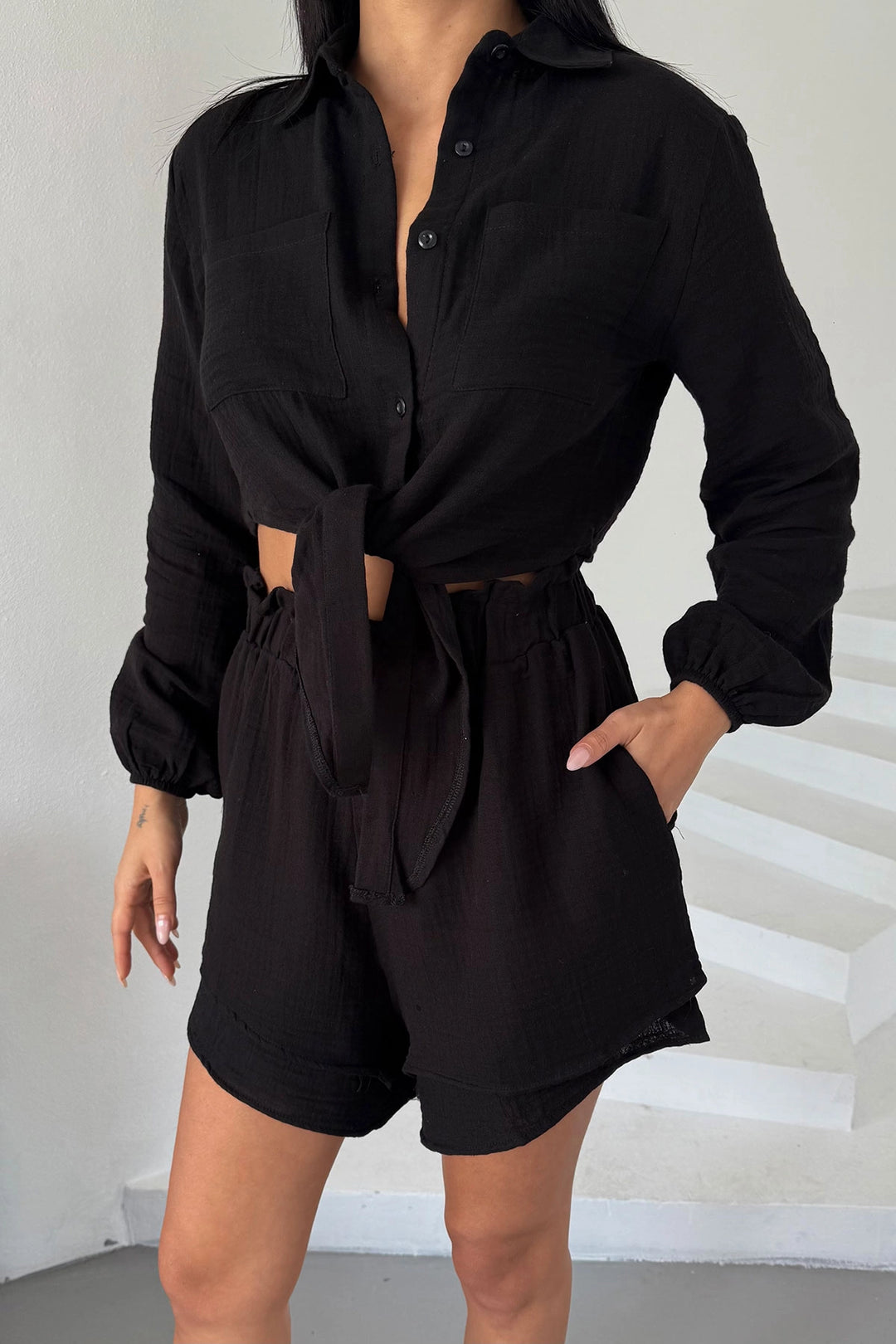 Black Muslin Linen Shorts Suit BCBT-251001 - Rhondda