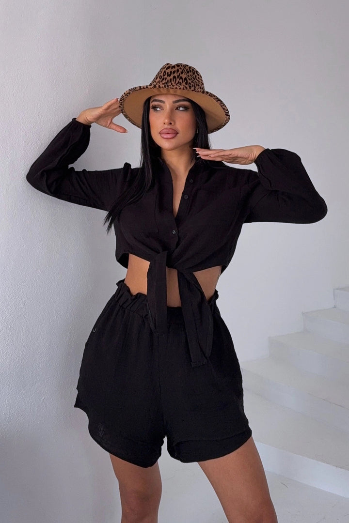 Black Muslin Linen Shorts Suit BCBT-251001 - Rhondda