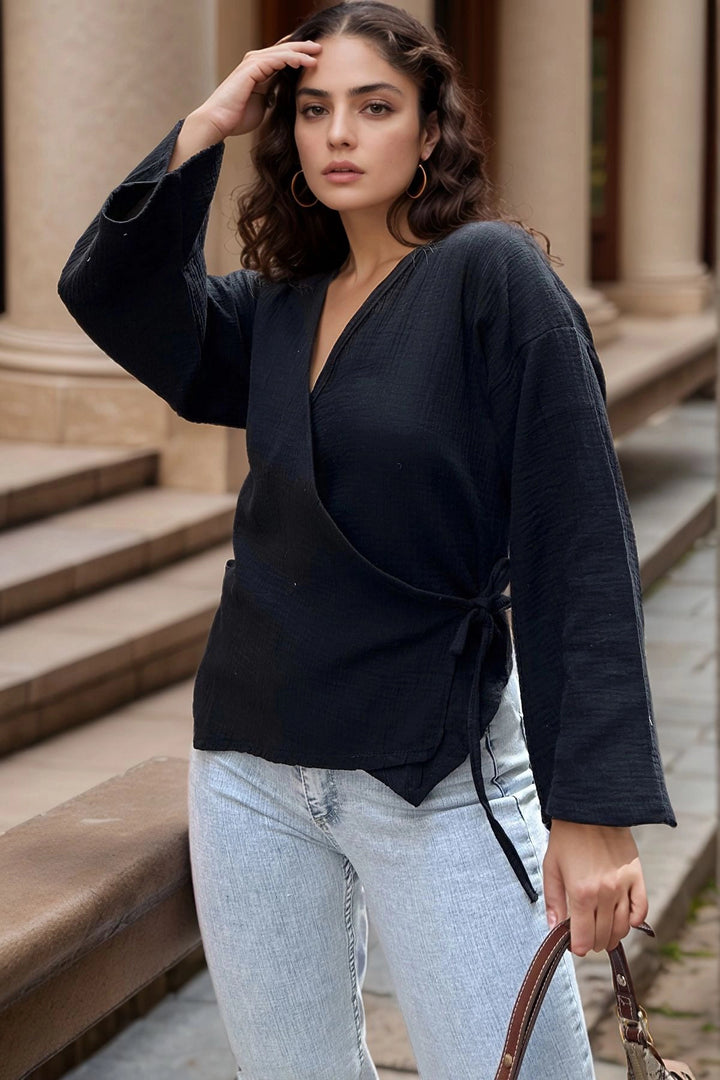 Black Muslin Wrap-Around Loose Blouse BCBSK-25700-3610 - Ingolstadt