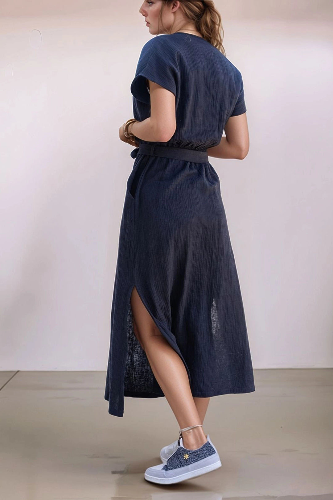 Black Muslin Wrap Dress with Self Belt and Side Slit BCBSK-25700-3612 - Schwabach