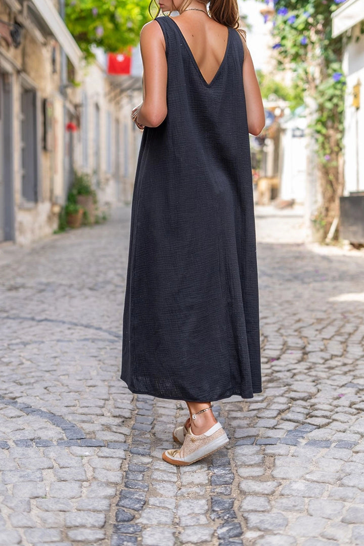 Black Muslin V-Neck Front Slit Long Baggy Dress BCBSK-25700-3419 - Revere