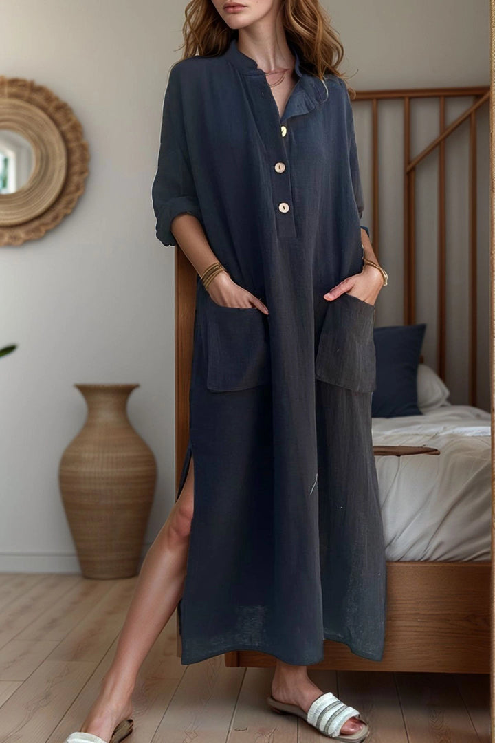Black Muslin Half Placket Pocket Slit Loose Fit Baggy Dress BCBSK-25700-3620 - Elyria