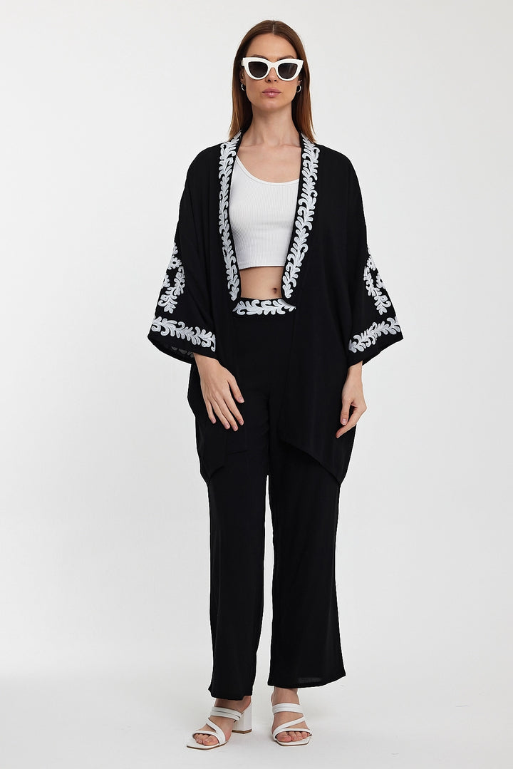 Maxi Boy Black Embroidered Kimono Top and Pants Set BCVL-24950 - Caguas