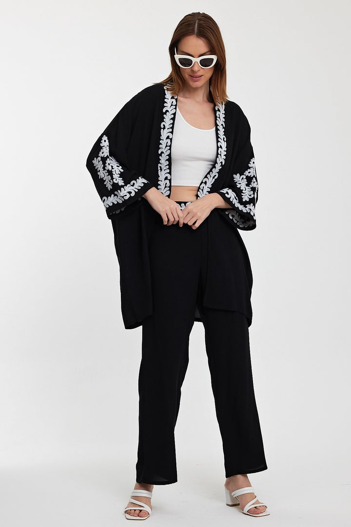 Maxi Boy Black Embroidered Kimono Top and Pants Set BCVL-24950 - Caguas